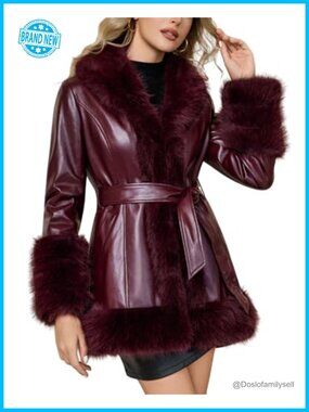 Faux Fur Leather Jacket Fur Lined Parka Belted Overcoat